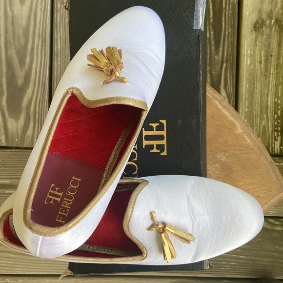 Handmade FERUCCI Men's White Satin Loafers with Gold Tassels Size 8 - Picture 7 of 7